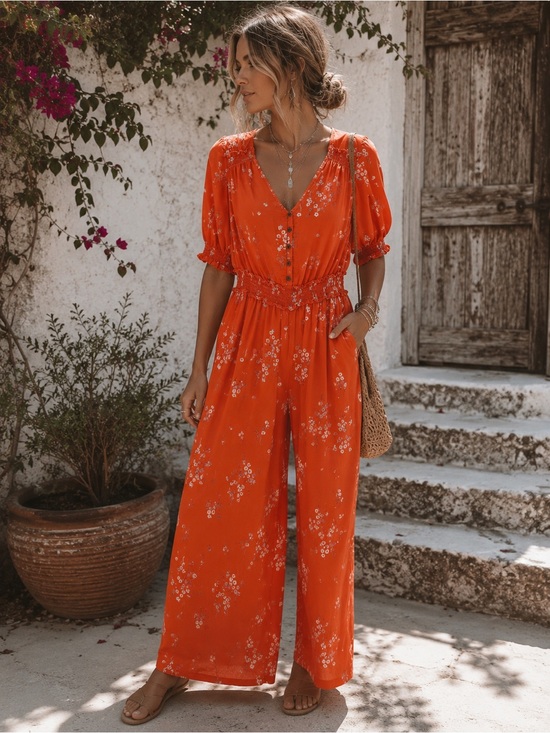 a.n.a Pants - a.n.a Coral Orange Floral Wide Leg Jumpsuit Smocked Waist Boho